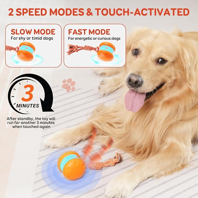 Interactive Dog Toys, Random Path Electric Automatic Moving and Rolling Dogs Toy with Rope for Small Medium Large Dogs, Motion-Activated Dog Stimulation Toy for Boredom Relief (Orange)