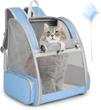 Cat Backpack Carrier, Large Pet Backpack with Kitten Wand Feather Toy for Medium Small Dog Cat Puppy Kitty Bunny up to 15lbs, Ventilated Mesh Dog Travel Carrier for Hiking Walking Outdoor Use (Blue)