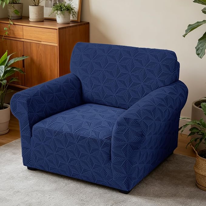 ZNSAYOTX Stretch Chair Cover, 1 Piece Couch Covers for 1 Seat Sofa, Jacquard Armchair Slipcovers with Elastic Bottom Thickened Furniture Protector for Dog Cat Pet (Small, Navy Blue)