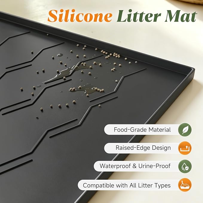 Songrey Silicone Cat Litter Mat 34" x 22", Large Litter Trapping Mat, Black | Waterproof, Urine-Proof Litter Box Mat for Floor, Soft on Kitty Paws, Easy To Clean, Cat Supplies, Pet Feeding Mat