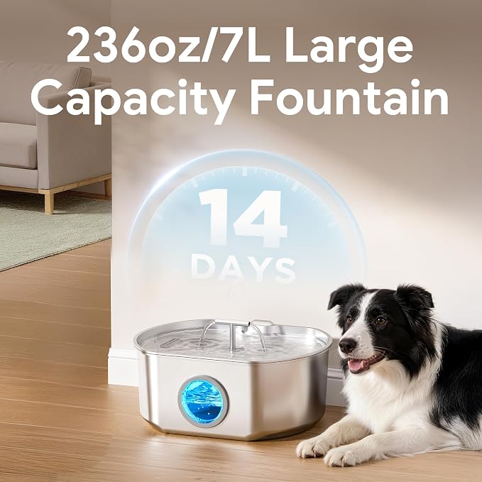 Cat Water Fountain Stainless Steel - 7L/236oz Cat Drinking Fountain | Dog Water Fountain Inside - Automatic Dog Watering Dispenser Bowl - Large Capacity for Multiple Pets (7 Filters)