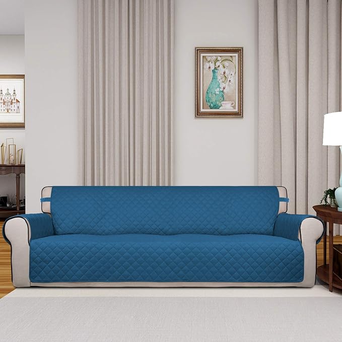 PureFit Reversible Quilted Couch Covers for Dogs Sofa Cover 4 Seater 88" | Peacock Blue/Beige, Water Resistant Couch Protector, Washable Pet Couch Cover with Non Slip and Elastic Straps For Kids