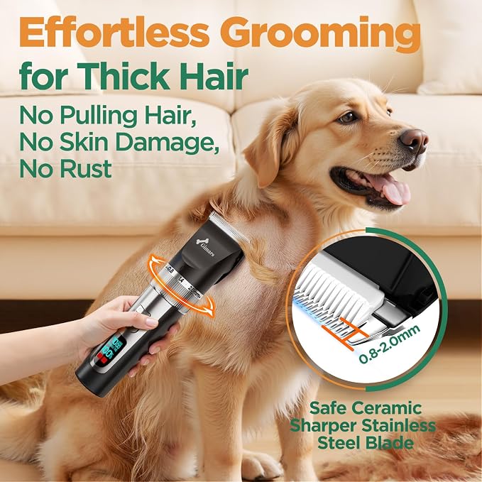 Gimars Professional 7000rpm Low Noise 55db Cordless Rechargeable Dog Clippers, 3.0 Motor Powerful Dog Long Hair Trimmer Grooming Shaver Kit, Home Electric Pet Hair Clippers for Cat, Horse