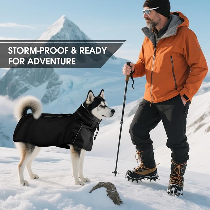 Dog Raincoat, Waterproof Dog Rain Jacket with Hood Black 2XL | Rain Coat For Large Dogs, Doggy Poncho With Leash Hole, Reflective Strips, For Rainy Snowy Weather Walks, Hiking, Camping