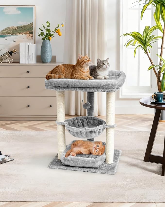 SYANDLVY Small Cat Tree for Indoor Cats with Top Perch Hammock & Bottom Bed | Natural Sisal Scratching Post Tower with Hanging Bell Ball & Anti-Tip Strap, Stable Indoor Cat Furniture, Grey
