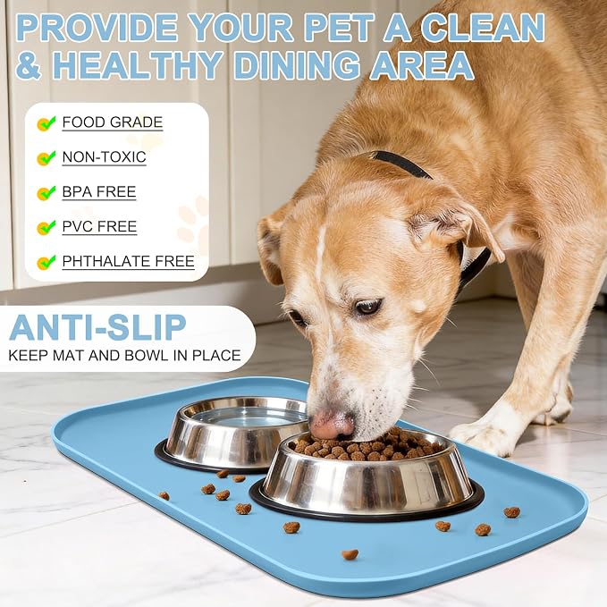 SMILOOL Silicone Pet Food Mat with Raised Edge for Food and Water Bowl, Dog Feeding Mats, Cat Food Trays for Floor Waterproof, Rubber Tray for Dogs and Cats, 22 x 14 x 0.8 Light Blue