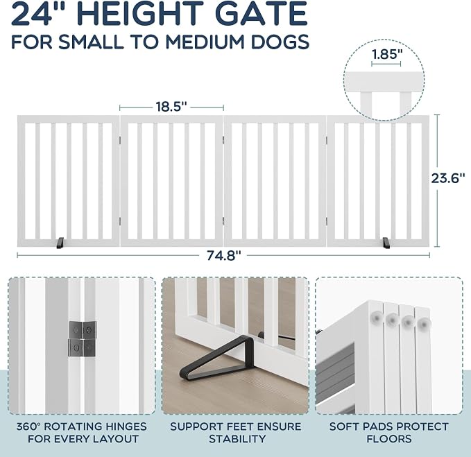 Homykic Bamboo Freestanding Dog Gate, No Assembly Pet Gate Indoor, 24”H x 75”W Extra Wide Foldable Puppy Barrier Fence with Support Feet for the House, Doorways Stairs, 4 Panels, No Drilling