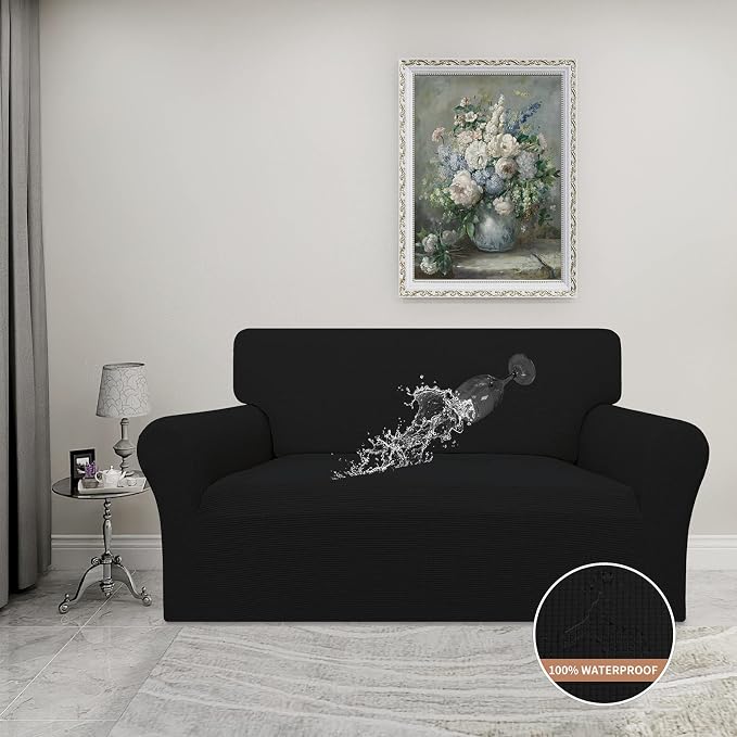 Easy-Going 100% Waterproof Loveseat Couch Cover Stretch Jacquard Sofa Cover | Dual Waterproof Sofa Slipcover, Leakproof Furniture Protector for Kids, Pets, Dog and Cat (Loveseat, Black)