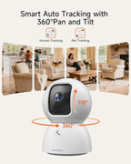 Smart 3K Indoor Dome Security Camera with AI Human/Pet/Facial Detection, 360° Pan-Tilt Coverage, 2-Way Audio, 2.4GHz 5GHz Dual-Band Wi-Fi - Includes 64GB SD Card & No Subscription Needed