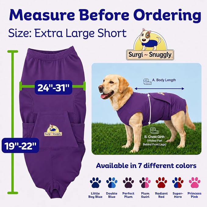 SurgiSnuggly Veterinary Invented Dog Surgical Recovery Suit for Female Spay or Male Dogs Neuters,Cone Alternative, Original Dog Onesie Bodysuit for After Surgery Small, Medium, Large Dogs XLS EC