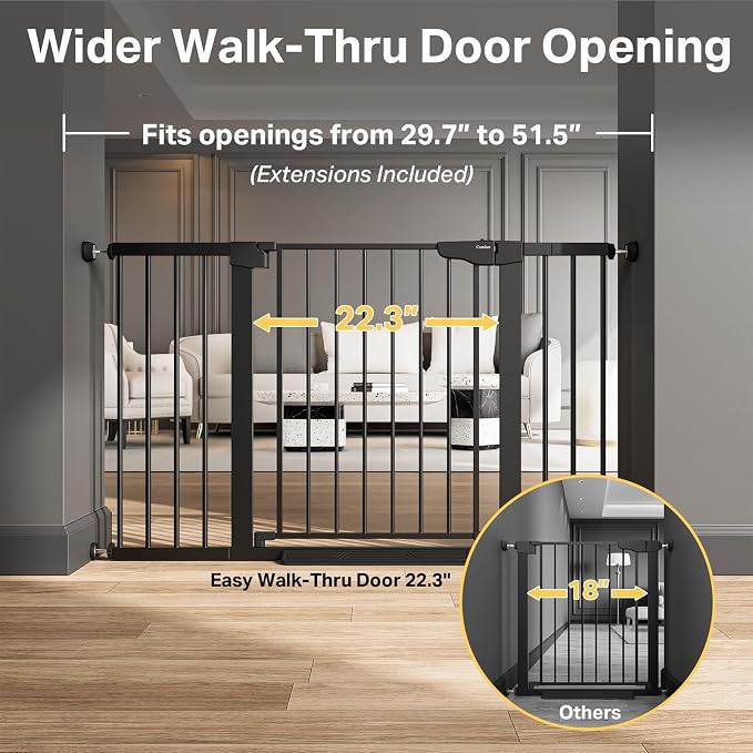 Cumbor 29.7-51.5 in Extra Wide Baby Gate for Stairs, Dog Gate Indoor Black | Mom's Choice Awards Winner, Auto Close with Double Lock for Doorways, Child Gate for Toddlers & Pets, Pressure Mounted