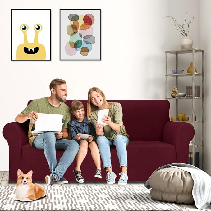 MAXIJIN Couch Covers for 3 Cushion Couch Sofa (71"-91"), 1-Piece Stretch Sofa Cover Slipcover Furniture Protector with Elastic Bottom for Kids,Dogs (Large, Diamond Pattern Wine Red)