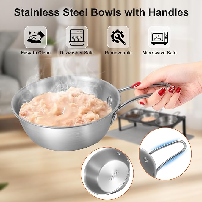 Elevated Cat Bowls with Food Mat, 10°Tilted Non-Slip Raised Cat Food Water Bowls Set, 3 Thick Stainless Steel Pets Dishes with Handles to Indoor Kitten Puppy, Anti-Vomiting Cute Metal Feeding Stand