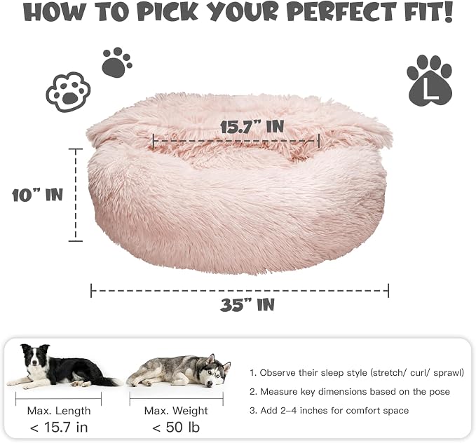 Himax 35in Covered Large Dog Bed with Blanket Attached Calming Burrow Beige | Anti-Anxiety Donut dog bed with cover, Washable Round Fluffy Pet& Cat Beds for Indoor