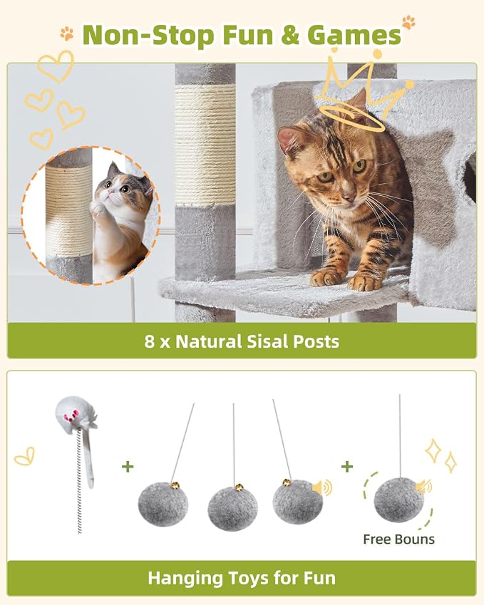 Taoqimiao 76in Cat Tree, Tall Sturdy Cat Tower for Large Indoor Cats MS046W | Easy assembly, Sturdy, Multi Level, Easy Clean, Cozy Condo, Perches, Baskets, Suitable for Kittens and Adult Cats