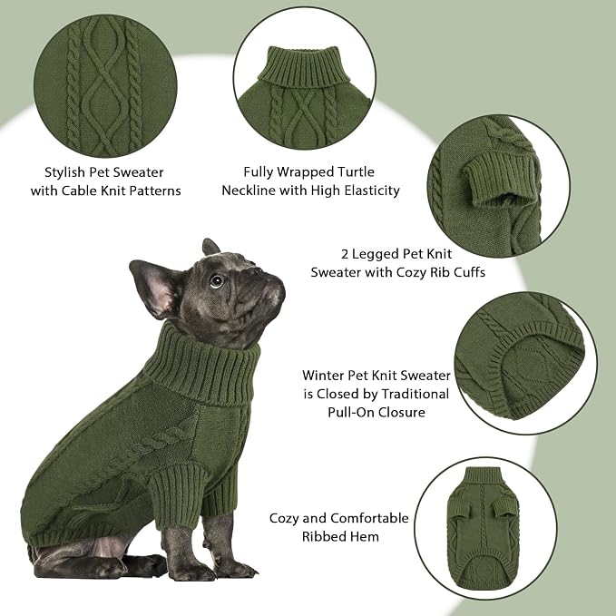 Queenmore Small Dog Pullover Sweater, Cold Weather Cable Knitwear, Classic Turtleneck Thick Warm Clothes for Chihuahua, Bulldog, Dachshund, Pug (Army Green, X-Large)