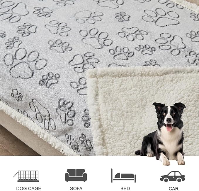 Pet Blankets for Couches, Waterproof Dog Blankets for Large Dogs, Sherpa Fleece Puppy Blanket, Soft Plush Reversible Dog Blanket, Couch Cover for Dogs Washable, 30"X70", Grey Paw Print
