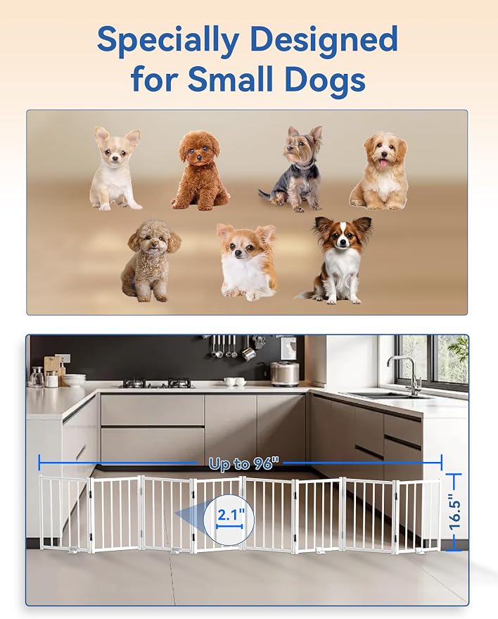 BFNN Small Dog Gate Indoor, Up to 96" W Freestanding Pet/Puppy Fence, White | Flexible Space Control | Chewproof Steel Frame | 16.5" Step-Over Gate | Foldable | Drill-Free Setup | For Stairs & Doorways
