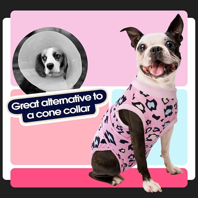 FUAMEY Dog Recovery Suit, Soft Surgical Suit for Dogs Onesie for Surgery | Cone Alternative after Surgery, Abdominal Wound Protector, Anti Lick Suit, Dog Onesie for Surgery Female Male Pink Leopard XS