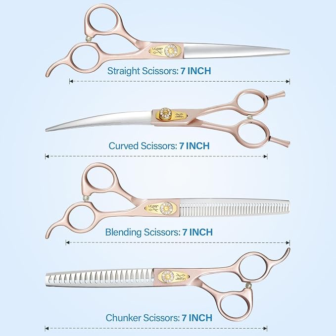 JASON Dog Grooming Scissors Set - 6 in 1 Professional Sharp Shears Rosegold | 7" Thinning, Chunker, Straight, Curved Shear and Comb for Cat Pet, Gift