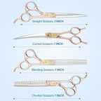 JASON Dog Grooming Scissors Set - 6 in 1 Professional Sharp Shears Rosegold | 7" Thinning, Chunker, Straight, Curved Shear and Comb for Cat Pet, Gift