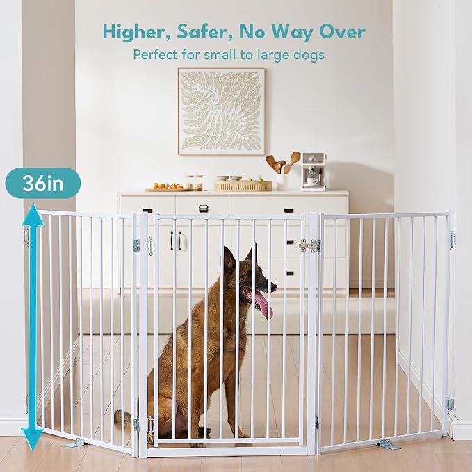No Pawblems Full Metal Free Standing Dog Gate with Door, 36'' Tall | Foldable Dog Fence for Indoor & Outdoor, Up to 156 Inch Extra Wide Pet Gate for Stairs, Doorways, Deck, Yard, 6 Panels, White
