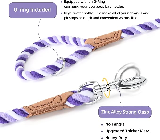 Mile High Life Rainbow Dog Leash Braided Cotton Rope w Leather-Wrapped Ends | Rust-proof 360° swivel clasp, Heavy-duty for medium/large breeds. Great for weddings, daily walks (4FT, 1/2", Purple)