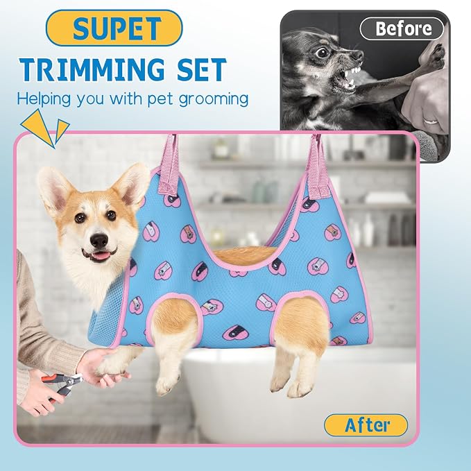 Supet Dog Grooming Hammock for Nail Trimming, Pet Grooming Hanging Harness | Restraint Dog Leashes Sling, Stress-Free Animal Holder Set for Clipping Nails, Ear & Eye Cleaning, Medicine(Blue-Love, M)