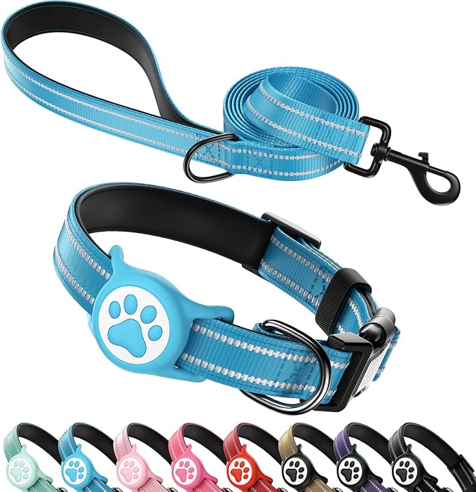 Airtag Dog Collar and Leash Set,Reflective Ultra-Durable Nylon Padded with QR Buckle & IP68 Waterproof Air Tag Holder Compatible for Apple AirTag, Comfortable for Small Medium Large Dogs (Blue Set,L)