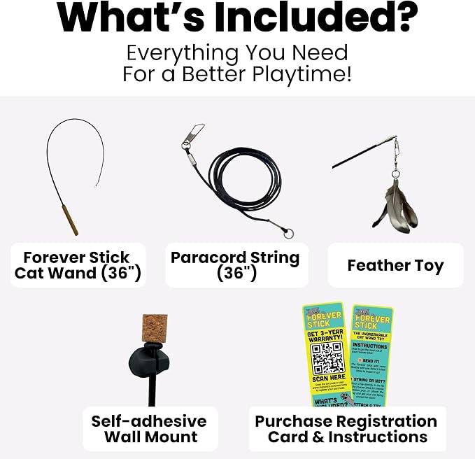 Forever Stick 2-Pack - The Unbreakable Cat Wand Toy, Durable Cat Toy Wand, Extra Long Cat String Toy, Cat Fishing Pole Toy for Bored Indoor Adult Cats, Cat Stick Toy, Cat Feather Wand, Cat Teaser Wand