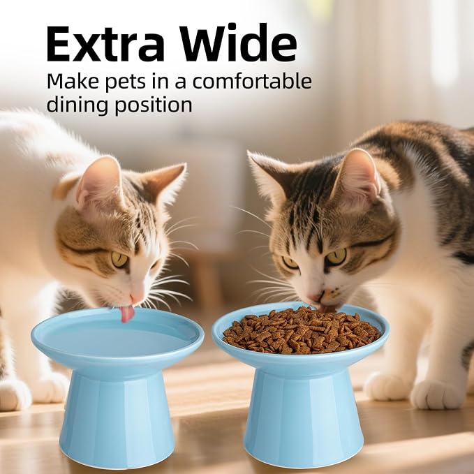 Ceramic Elevated Cat Bowls - 6.2 Inch Extra Wide Raised Cat Food and Water Bowl Set for Indoor Cats, Whisker-Friendly Ceramic Cat Dish for Elder Big Cats & Small Dogs,Blue,1 Pack