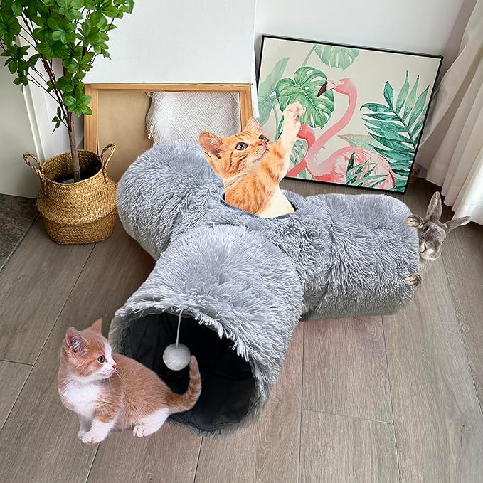 3-Way Collapsible Cat Tunnel Tube Toy Grey Plush | Interactive Play Tunnel with Hanging Ball & Peek Hole for Indoor Cats, Kittens, Puppies & Rabbits | Hours of Fun & Exercise