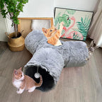 3-Way Collapsible Cat Tunnel Tube Toy Grey Plush | Interactive Play Tunnel with Hanging Ball & Peek Hole for Indoor Cats, Kittens, Puppies & Rabbits | Hours of Fun & Exercise