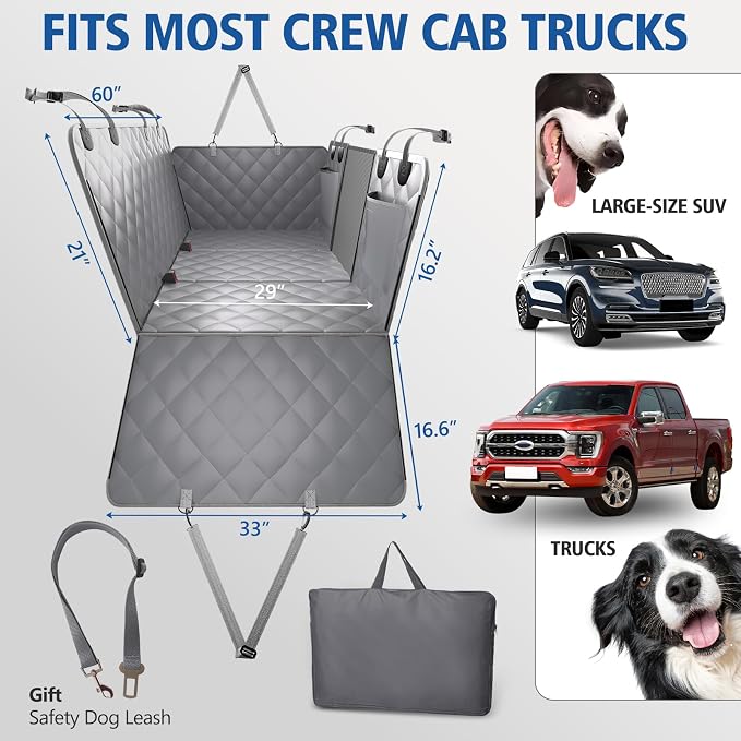Btefd XL Hard Bottom Dog Seat Cover for Dogs for Full-Size Crew Cab Trucks | Back Seat Pet Hammock for F150, RAM1500, Sierra, Tundra, Silverado, Titan, Holds 420lbs, 45% Extender Space, Waterproof