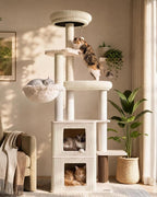 63" Heavy Duty Cat Tree for Indoor Cats, Sturdy Cat Tower for Large Cats with Scratching Post, Plush Top Perch, Cat Condo (White Oak)