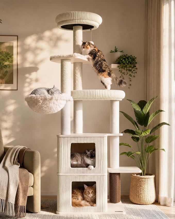 63" Heavy Duty Cat Tree for Indoor Cats, Sturdy Cat Tower for Large Cats with Scratching Post, Plush Top Perch, Cat Condo (White Oak)