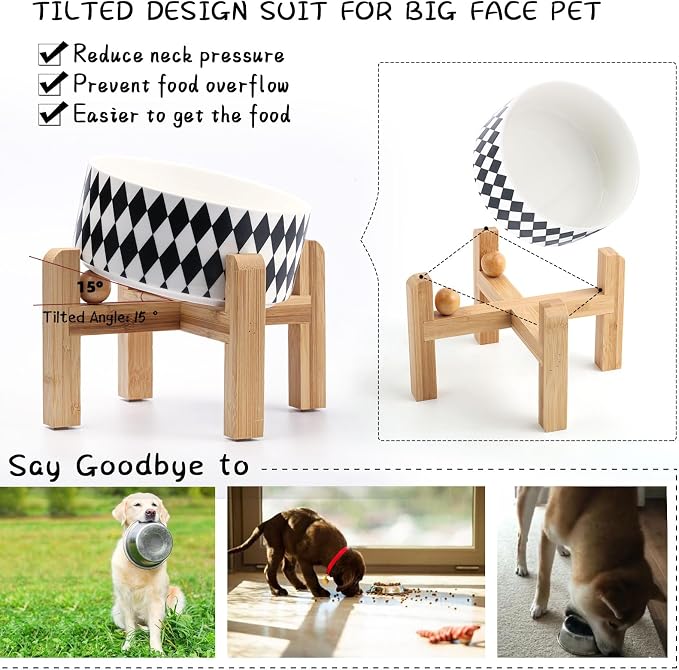 Petygooing Elevated/Raised 15°Slanted Ceramic Dog Bowl for Small and Medium Breeds, Tilted Anti Slip Pet Bowl,Food Water Dish with Stand for Cats and Dogs (28 OZ/3.6 Cups) Black Rhombus