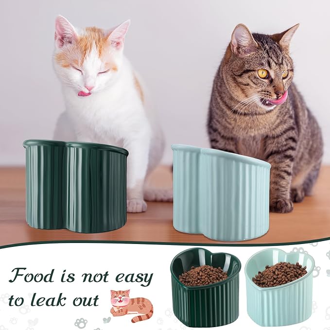 Mumufy 2 Pcs Ceramic Elevated Cat Bowls Tilted Elevated Raised Pet Bowls Anti Vomit Cat Dish for Indoor Stress Free Water Dish Feeder for Puppies, Heart Shaped(Macaron Blue, Peacock Green)