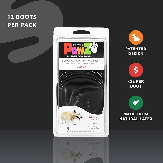 PawZ Rubber Dog Boots for Medium Paws - All-Weather Waterproof Dog Shoes, Anti-Slip Traction for Rain, Snow, Mud & Hot Pavement - Pull-On Dog Booties, Black - Medium (2.5" - 3") - Pack of 24