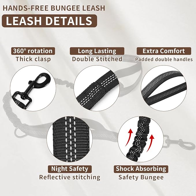 Hands Free Dog Leash for One Dog Up to 125 lb, Waist Pouch, Lumbar Support | Reflective bungee leash with adjustable 25-55 in belt. Walk, run, hike, or train one dog up to 125lbs. Black.
