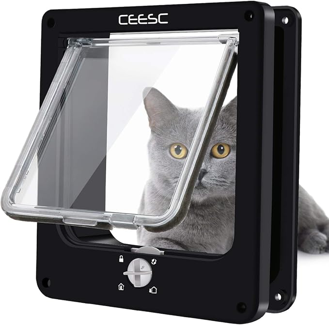 CEESC Medium Cat Door for Interior/Exterior, for Pets <15.75", Black | Rotary 4-Way Lock, Weatherproof, Fits doors 1.26-2.14", Adjustable tunnel depth, Upgraded version
