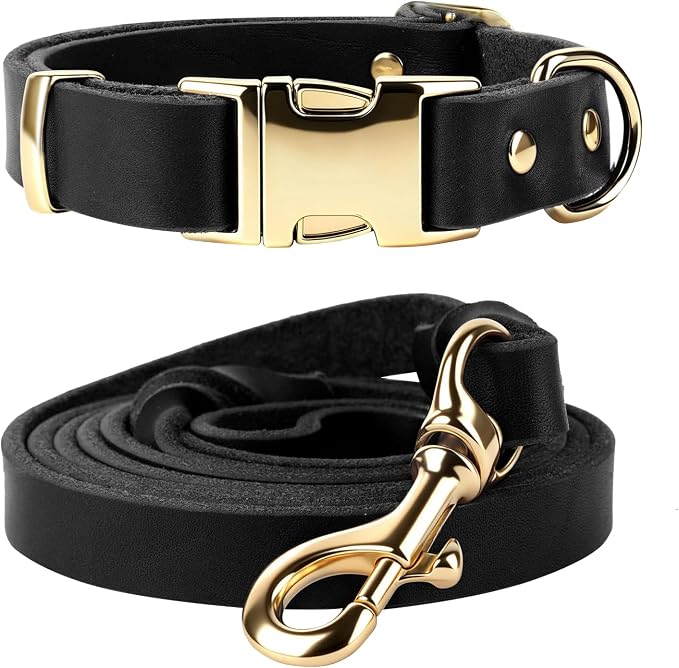 Leather Dog Collar and Leash Set, 6FT Heavy Duty Leather Training Leash with Adjustable Dog Collar, Soft and Durable Dogs Leashes and Collars Set for Small Medium Large Dogs (Black, XL)
