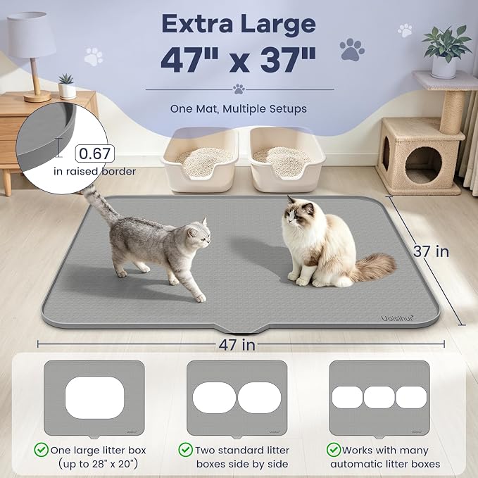 Cat Litter Mat, Extra Large Silicone Litter Box Mat, 47 x 37 inch | Gray, Silicone rubber, Water-resistant, Easy pour-out front notch, Raised lip, Grippy backing, Rinses clean