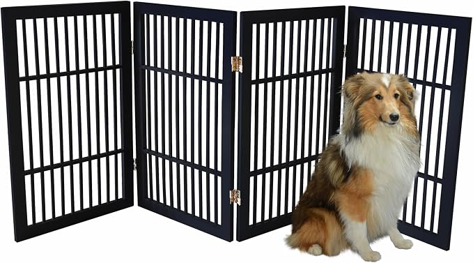 Urnporium Pet Dog Gate Freestanding, Strong Durable Folding Wooden Fence, Portable Acacia Hardwood Safety Barrier for Indoor & Outdoor Use (Black Pet Gate, 4 Panel 30" Tall)
