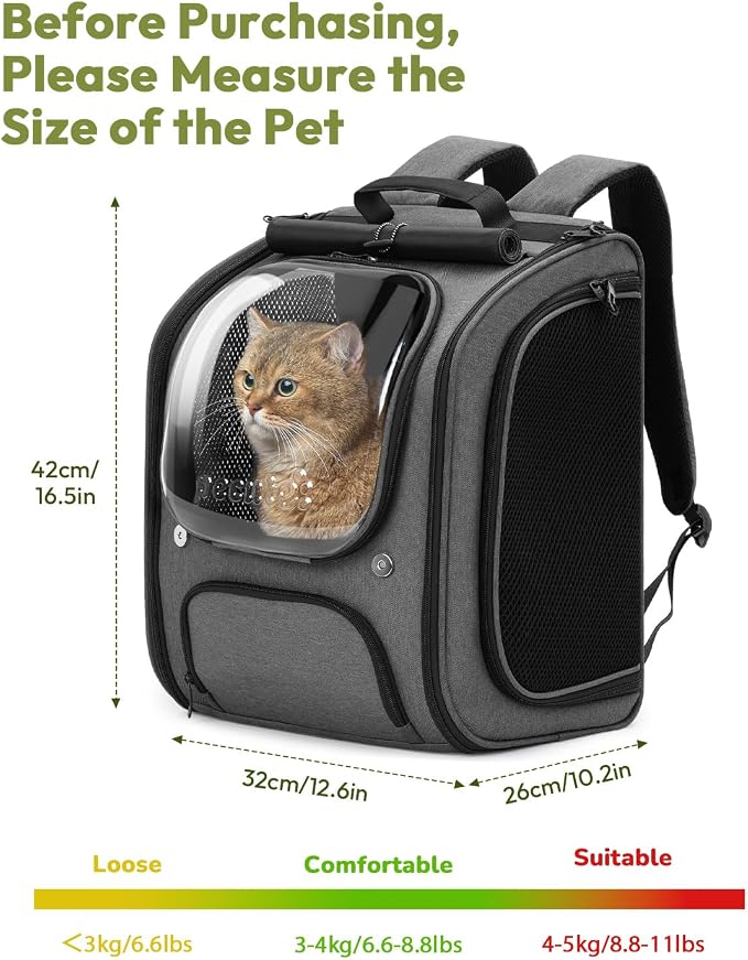 Pecute Cat Backpack Carrier,Large Space Dog Carrier Backpack,Ergonomic,Gray | Bubble Transparent Window,Sunshade Curtain,Safety Rope,Sturdy,Large Mesh for Breathability,Suitable for Outdoor,Vet