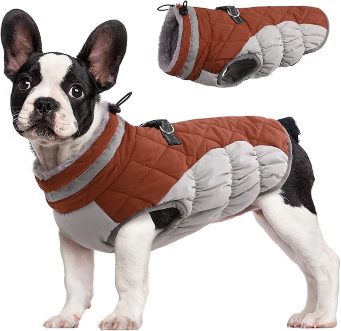 FUAMEY Dog Coat for Small Dogs, Fleece Dog Winter Jacket with Harness | Puppy Cold Weather Coats Reflective Pet Puffer Vest with Zipper Water-Resistant Warm Dogs Snowsuit Windproof Brown XS