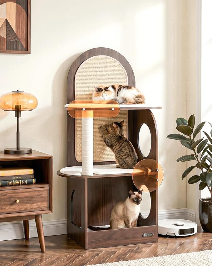 47" Solid Wood Cat Tree, Modern Cat Furniture for Large Cats | Scratch-Resistant Hardwood, Walnut or Maple Finish, Machine-Washable Cushion, Anti-Tip Base, 30-Min Assembly, Indoor Use