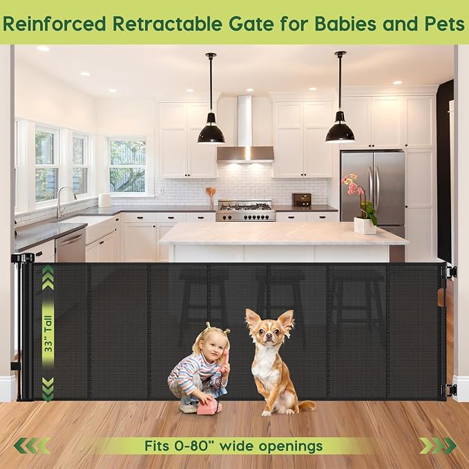 Reinforced 80 Inch Retractable Baby Gate Extra Wide Baby Gate for Wide Openings, Indoor/Outdoor Retractable Dog Gate for Doorway, Mesh Dog Gate Indoor Prevent Babies/Pets from Crawling Under, Black
