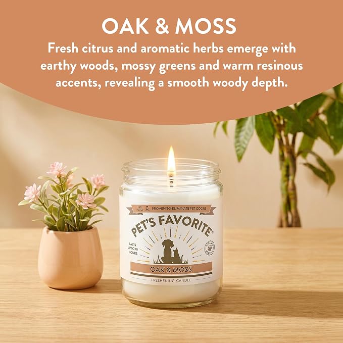 Pet's Favorite Pet Odor Candle, Clean Burning, Long Lasting Oak Scented Candle with a Natural Fiber Wick and 70 Hour Burn Time, Oak and Moss - Pack of 1