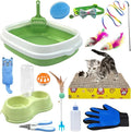 Kitten Starter Kit - 15 Piece Cat Essentials Set Includes Litter Box, Toys, Collars, Scratch Pad, Nail File, Automatic Feed Bowls, Grooming Gloves for Daily Life (Green)